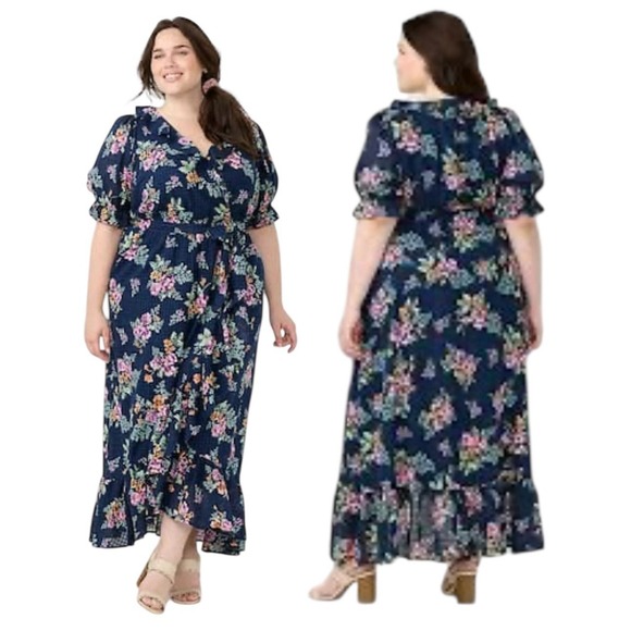 Lauren Conrad Blue 100% Cotton Floral‎ Ruffled Wrap Maxi Dress Cottage Core XXL - Picture 1 of 11